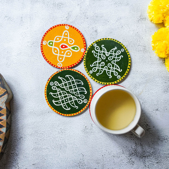 Yellow & Green Handpainted MDF Round Kolam Tile cum Coaster - Set of 4