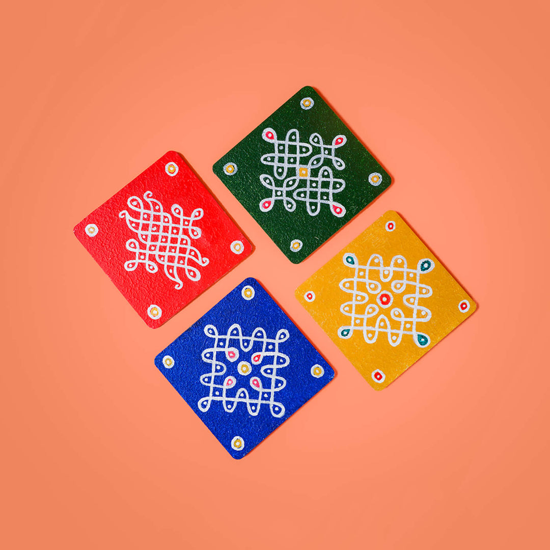 Multicolour Handpainted MDF Square Kolam Tile cum Coaster - Set of 4