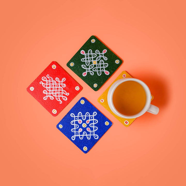 Multicolour Handpainted MDF Square Kolam Tile cum Coaster - Set of 4