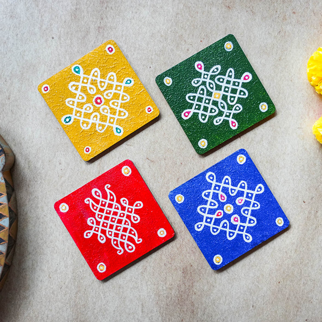 Multicolour Handpainted MDF Square Kolam Tile cum Coaster - Set of 4