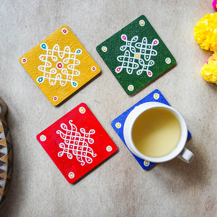 Multicolour Handpainted MDF Square Kolam Tile cum Coaster - Set of 4