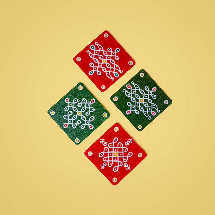 Red & Green Handpainted MDF Square Kolam Tile cum Coaster