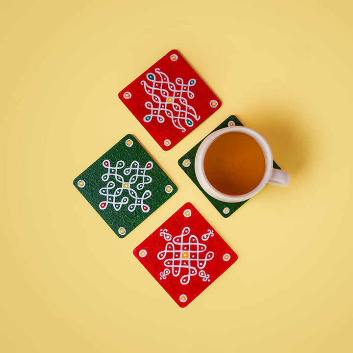 Red & Green Handpainted MDF Square Kolam Tile cum Coaster