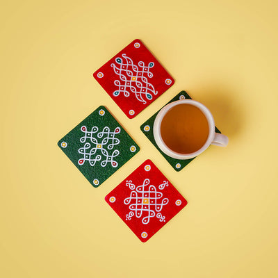 Red & Green Handpainted MDF Square Kolam Tile cum Coaster