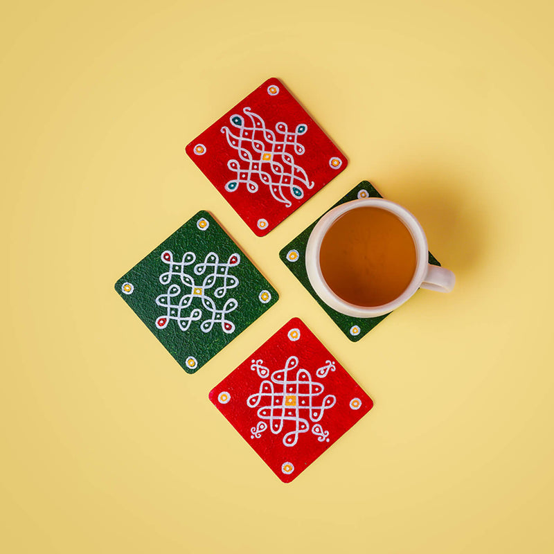 Red & Green Handpainted MDF Square Kolam Tile cum Coaster