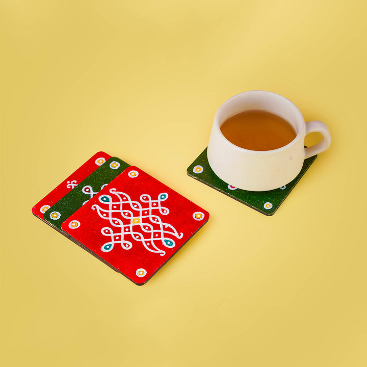 Red & Green Handpainted MDF Square Kolam Tile cum Coaster