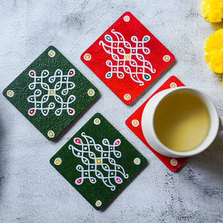 Red & Green Handpainted MDF Square Kolam Tile cum Coaster