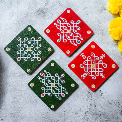 Red & Green Handpainted MDF Square Kolam Tile cum Coaster