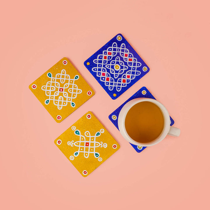 Yellow & Blue Handpainted MDF Square Kolam Tile cum Coaster