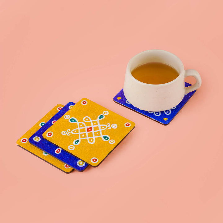 Yellow & Blue Handpainted MDF Square Kolam Tile cum Coaster