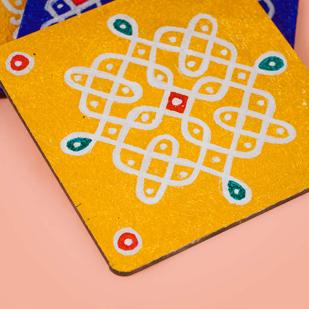Yellow & Blue Handpainted MDF Square Kolam Tile cum Coaster