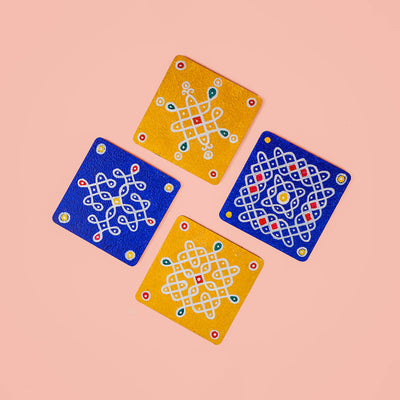 Yellow & Blue Handpainted MDF Square Kolam Tile cum Coaster