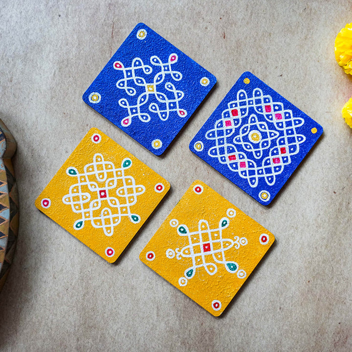 Yellow & Blue Handpainted MDF Square Kolam Tile cum Coaster