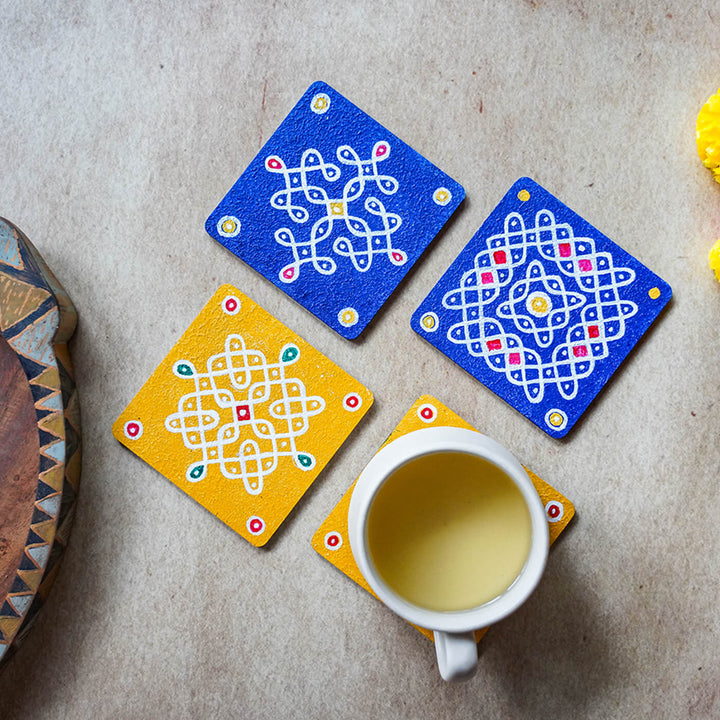 Yellow & Blue Handpainted MDF Square Kolam Tile cum Coaster