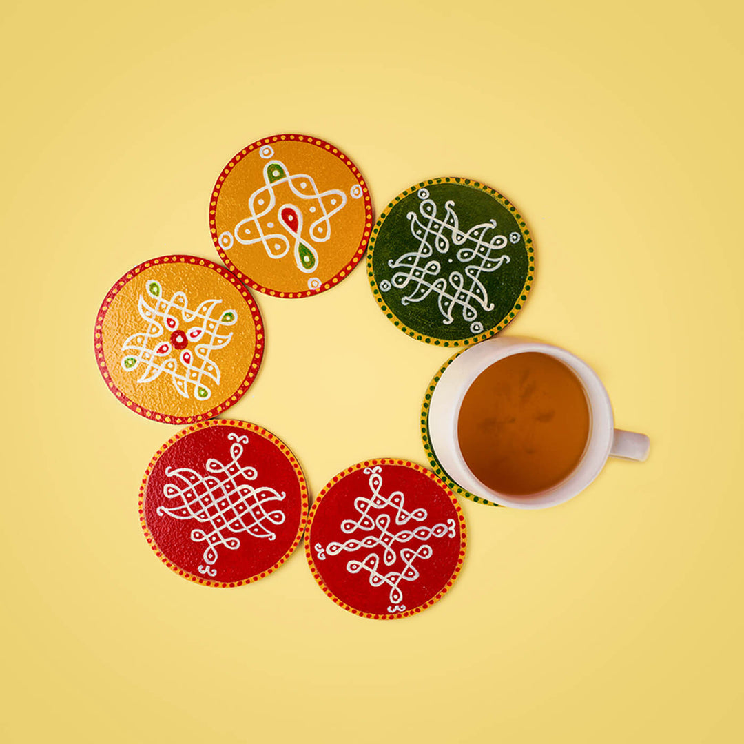 Multicolor Handpainted MDF Round Kolam Tile cum Coaster - Set of 6