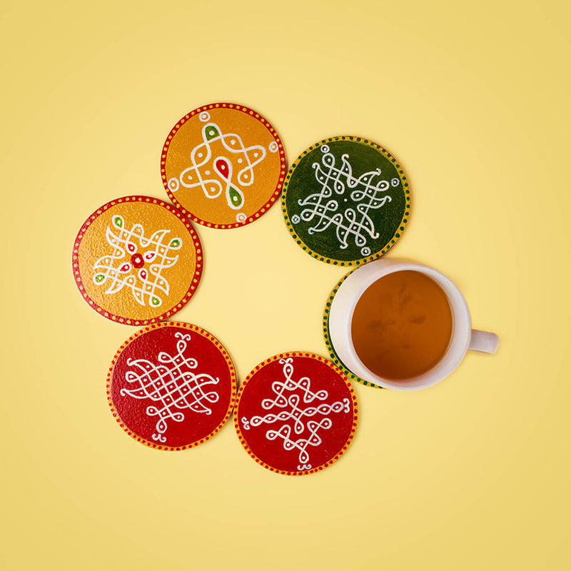 Multicolor Handpainted MDF Round Kolam Tile cum Coaster - Set of 6