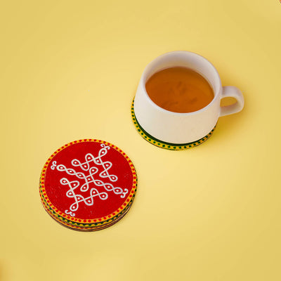 Multicolor Handpainted MDF Round Kolam Tile cum Coaster - Set of 6