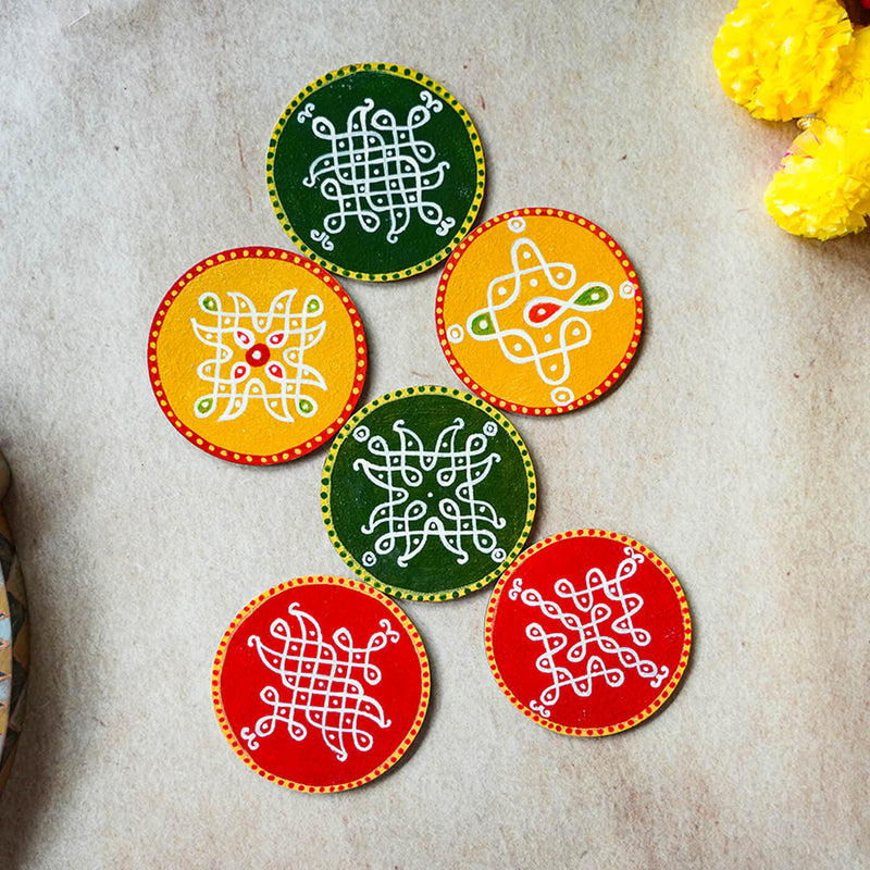 Multicolor Handpainted MDF Round Kolam Tile cum Coaster - Set of 6