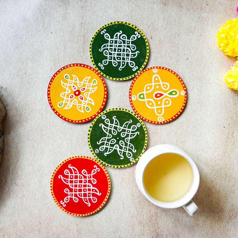 Multicolor Handpainted MDF Round Kolam Tile cum Coaster - Set of 6
