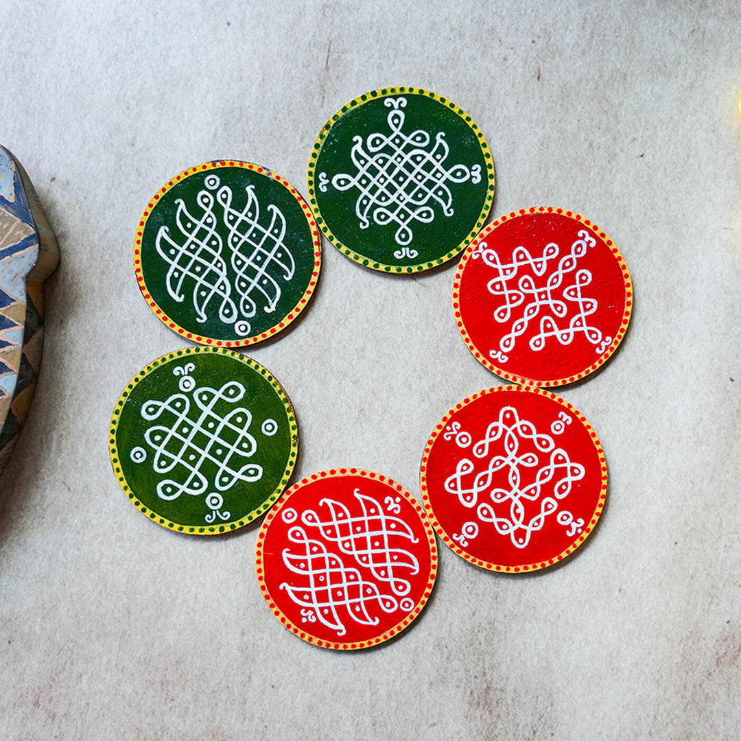 Red & Green Handpainted MDF Round Kolam Tile cum Coaster