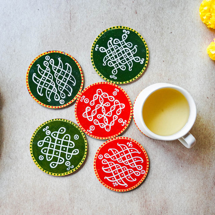 Red & Green Handpainted MDF Round Kolam Tile cum Coaster