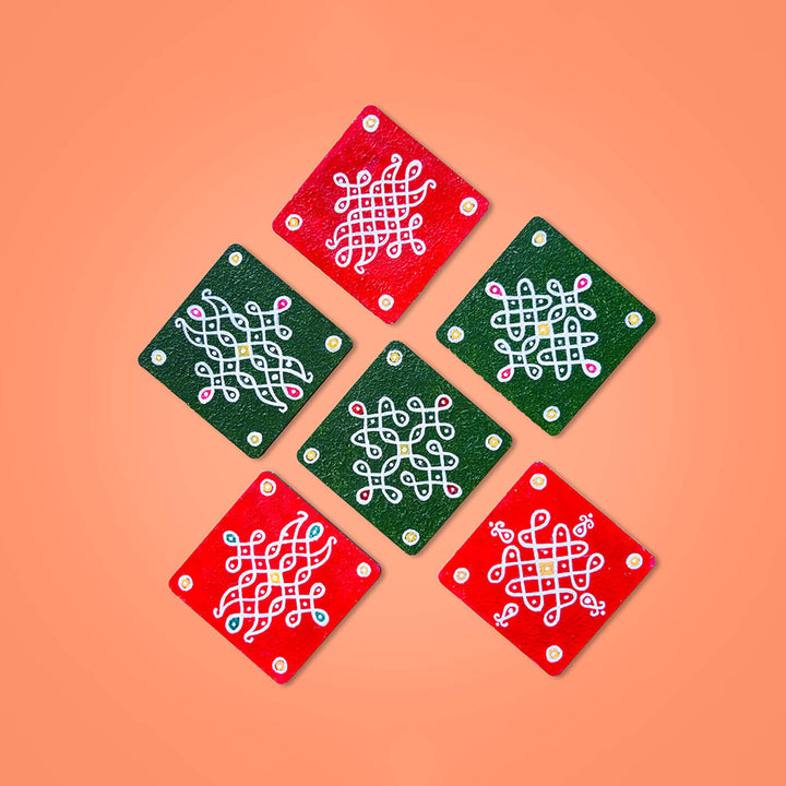Red & Green Handpainted MDF Square Kolam Tile cum Coaster