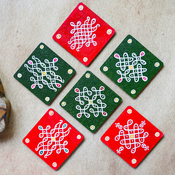Red & Green Handpainted MDF Square Kolam Tile cum Coaster
