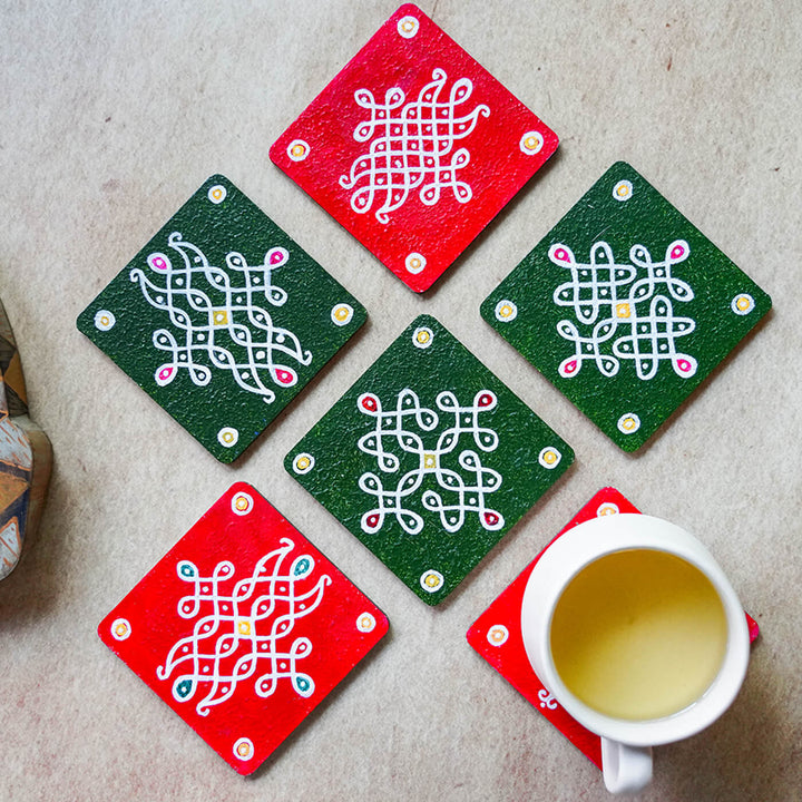 Red & Green Handpainted MDF Square Kolam Tile cum Coaster