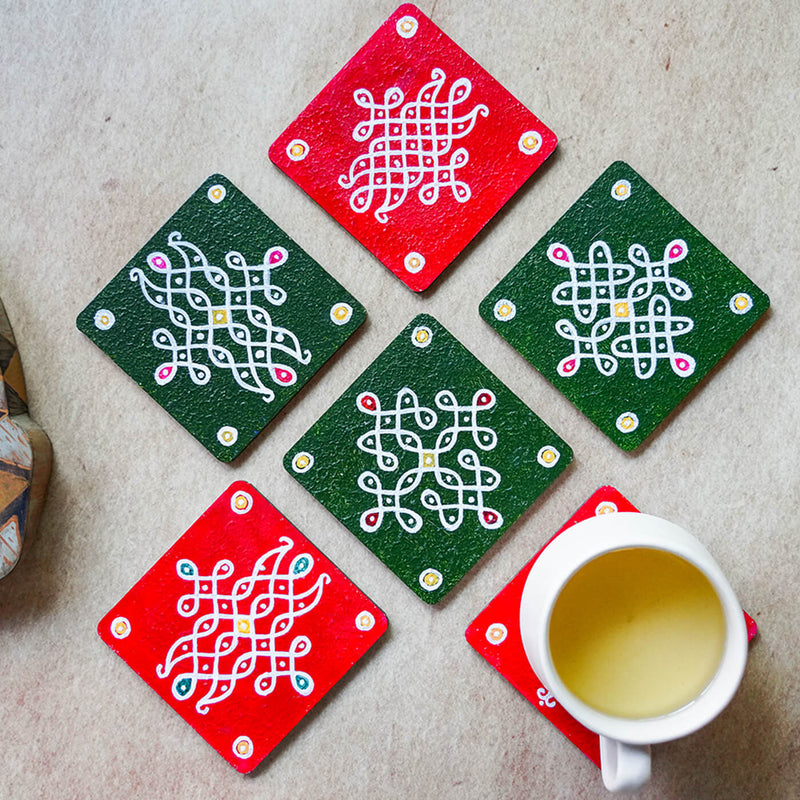 Red & Green Handpainted MDF Square Kolam Tile cum Coaster