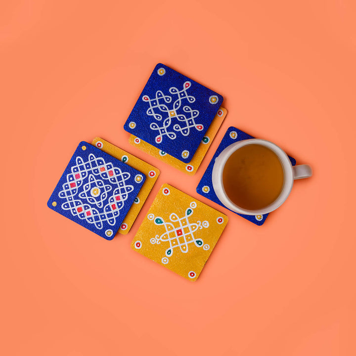 Yellow & Blue Handpainted MDF Square Kolam Tile cum Coaster