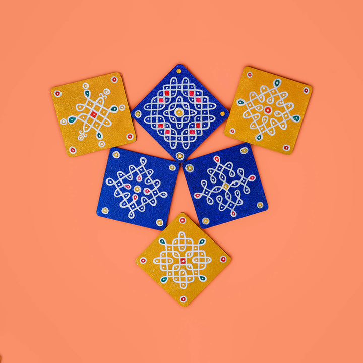 Yellow & Blue Handpainted MDF Square Kolam Tile cum Coaster