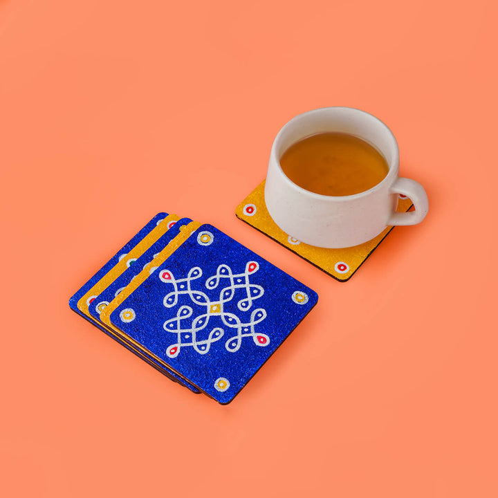Yellow & Blue Handpainted MDF Square Kolam Tile cum Coaster