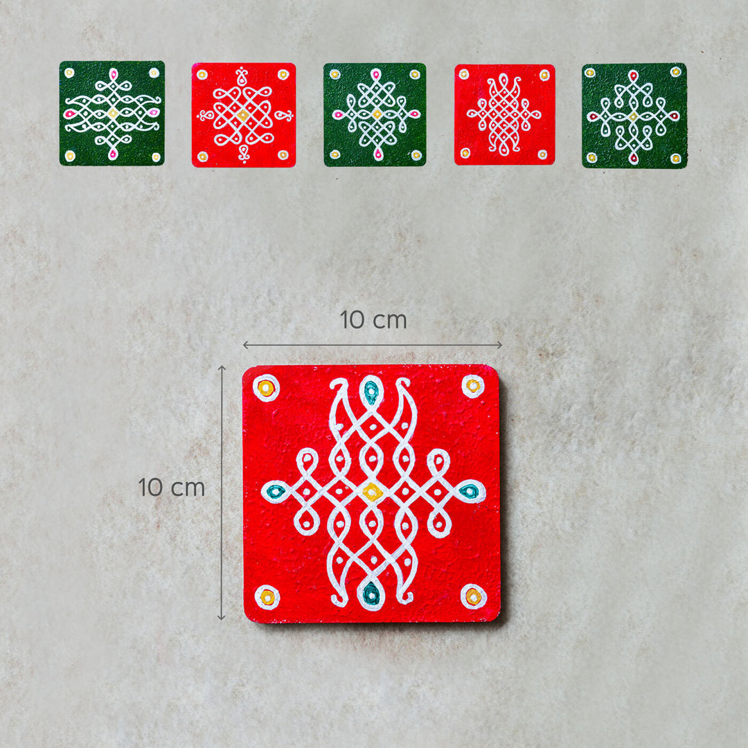 Multicolour Handpainted MDF Square Kolam Tile cum Coaster - Set of 4