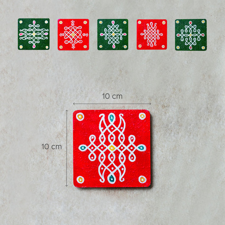 Yellow & Blue Handpainted MDF Square Kolam Tile cum Coaster