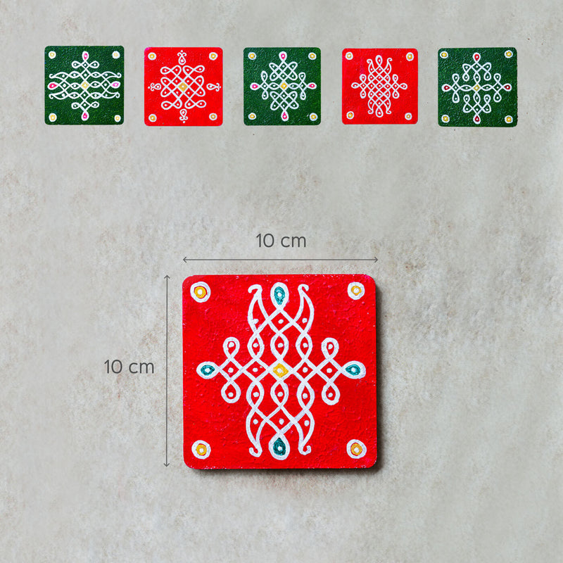 Red & Green Handpainted MDF Square Kolam Tile cum Coaster