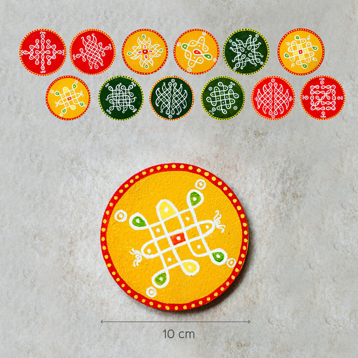 Yellow & Green Handpainted MDF Round Kolam Tile cum Coaster - Set of 4