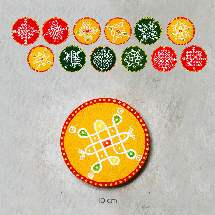 Red & Yellow Handpainted MDF Round Kolam Tile cum Coaster - Set of 4