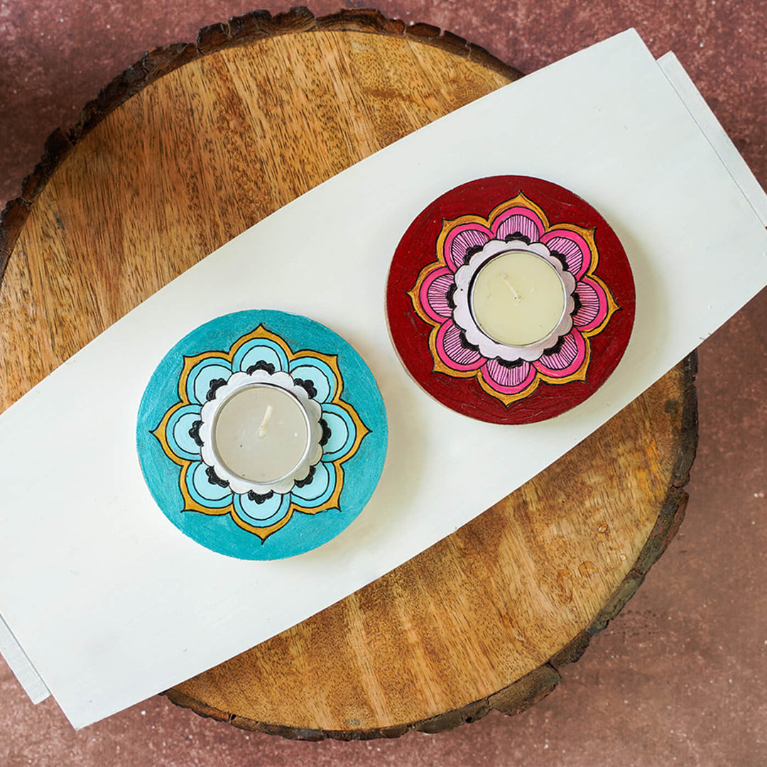 Blue and Maroon Mandala Tealight Holders