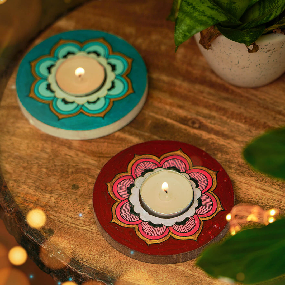 Blue and Maroon Mandala Tealight Holders