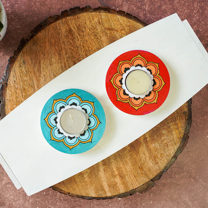 Blue and Orange Mandala Tealight Holders