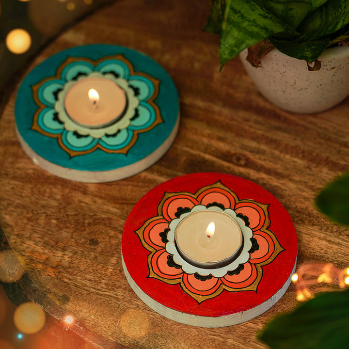 Blue and Orange Mandala Tealight Holders