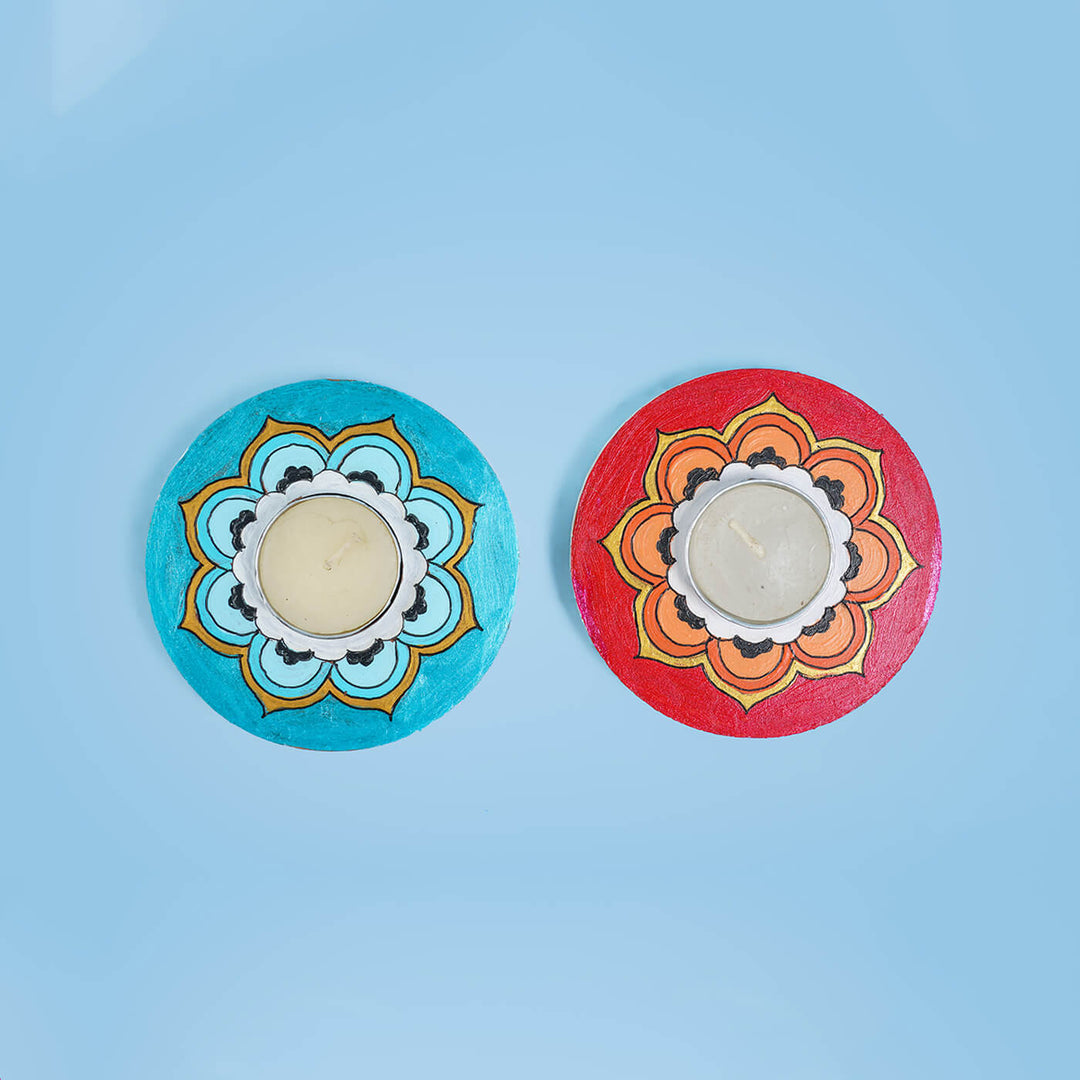 Blue and Orange Mandala Tealight Holders