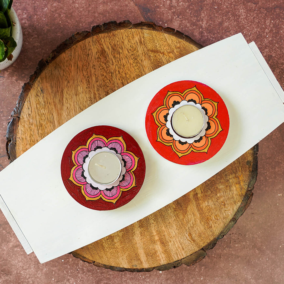Orange and Maroon Mandala Tealight Holders