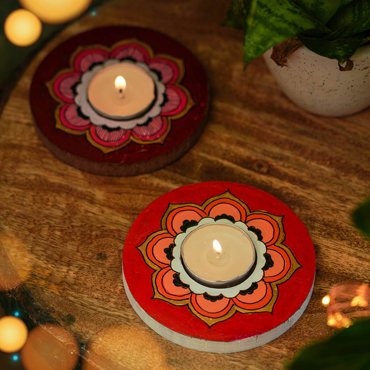 Orange and Maroon Mandala Tealight Holders