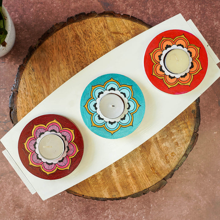 Orange, Blue and Maroon Mandala Tealight Holders