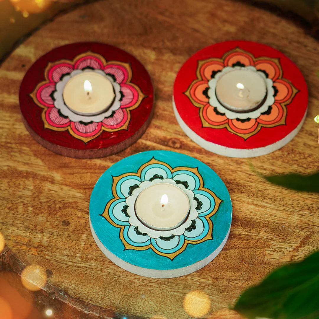 Orange, Blue and Maroon Mandala Tealight Holders