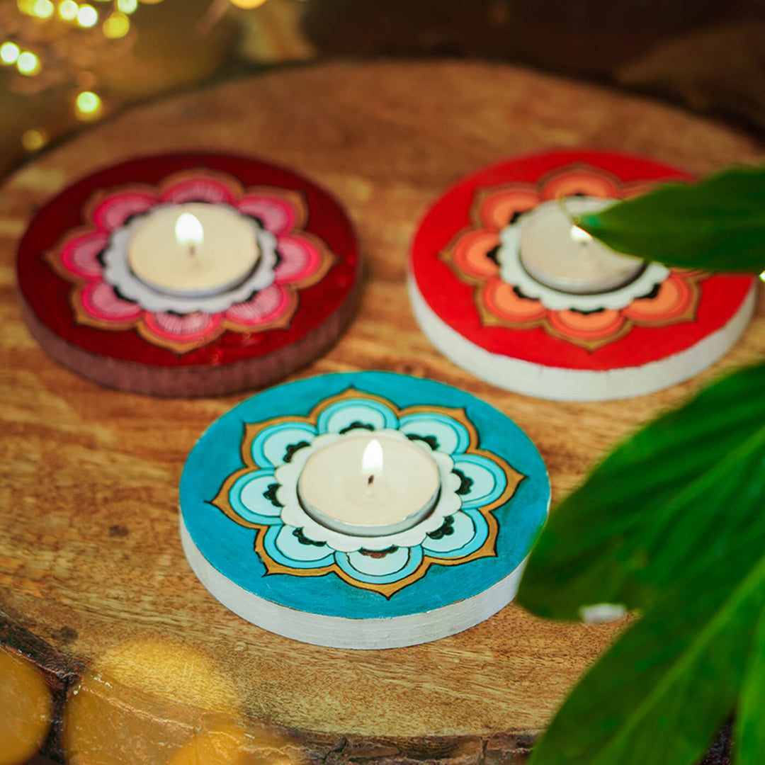 Orange, Blue and Maroon Mandala Tealight Holders