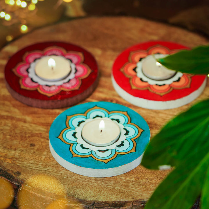 Orange, Blue and Maroon Mandala Tealight Holders