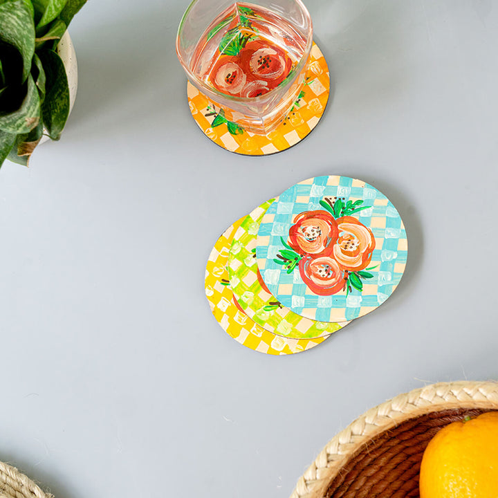 Floral on Check Pattern MDF Coasters