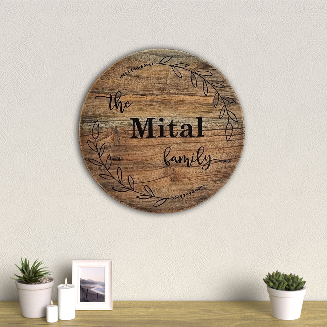 Round Rustic Wood Hand-painted Family Nameboard